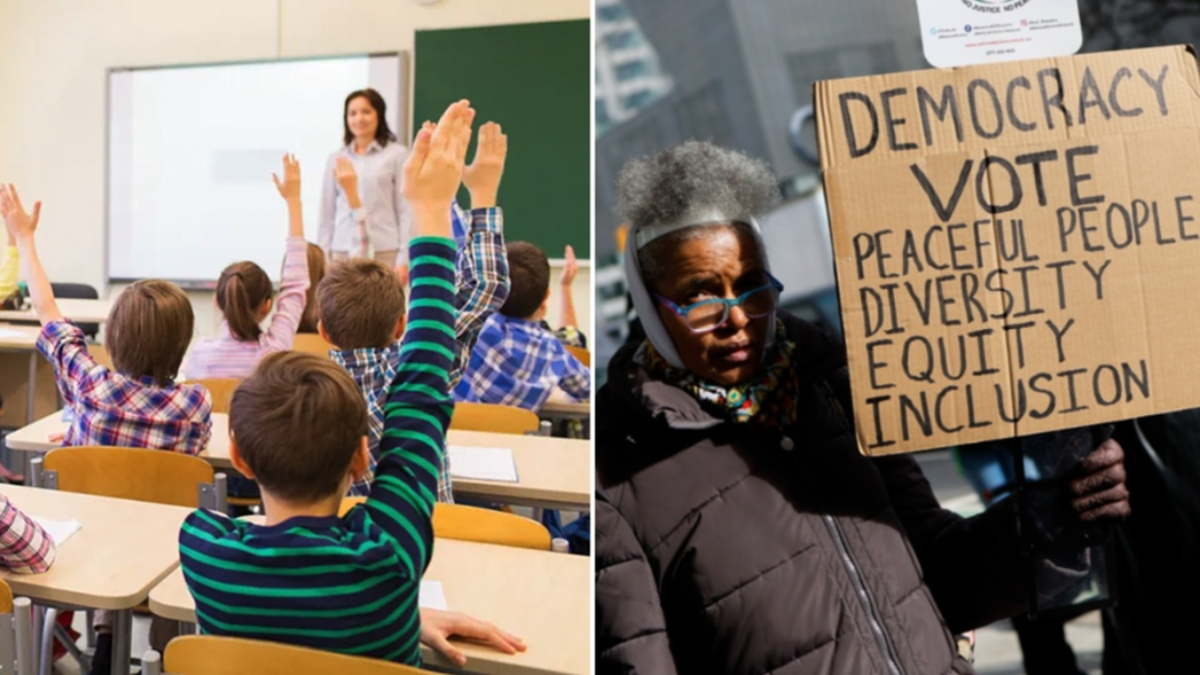 students raising hands; protester with sign