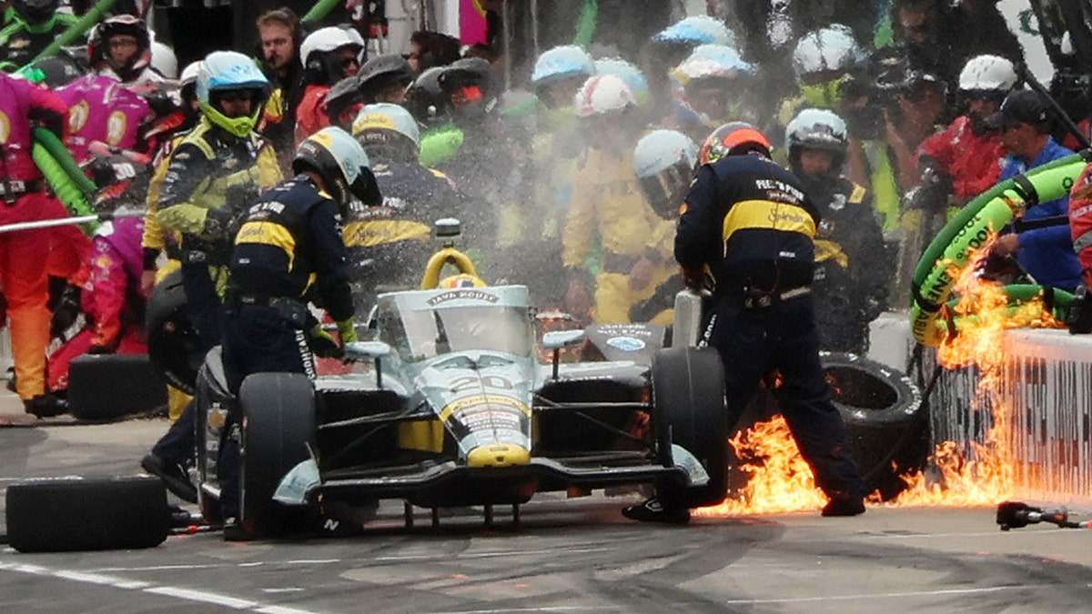 Alexander Rossi's car catches fire