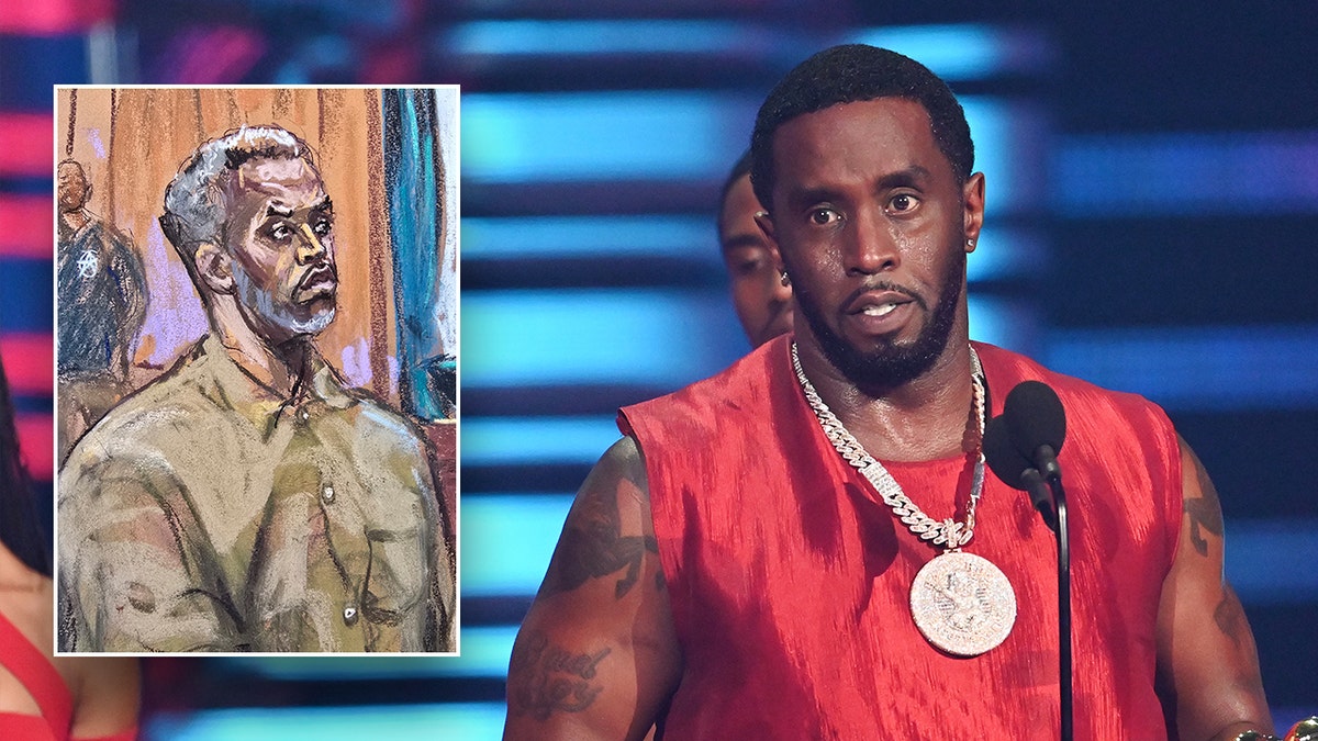 Diddy at a court hearing next to photo of him on stage