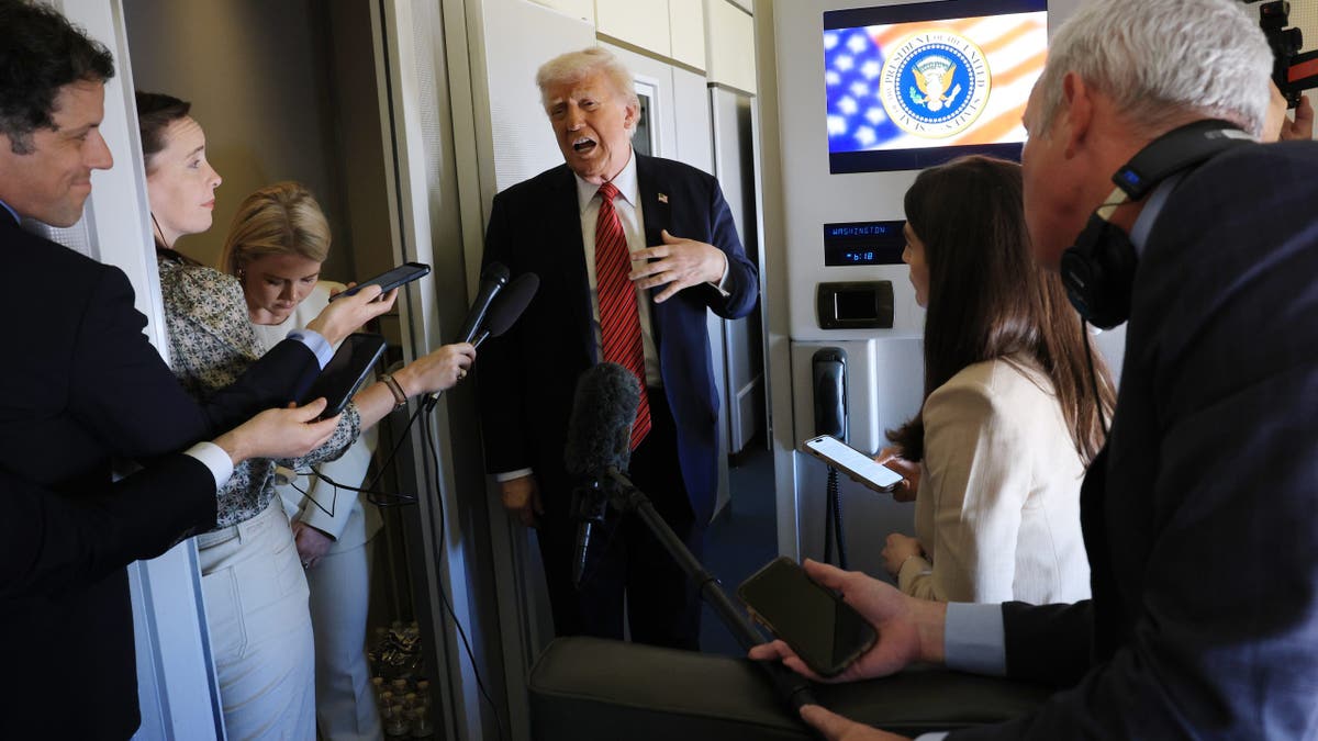 IN FLIGHT - MAY 14: U.S. President Donald J. Trump speaks to travelling media aboard Air Force One on a range of issues, including Syria, as he flies to Doha, Qatar on May 14, 2025. Trump is on the second day of a multi-nation tour of the Gulf region focused on expanding economic ties and reinforcing security cooperation with key U.S. allies.
