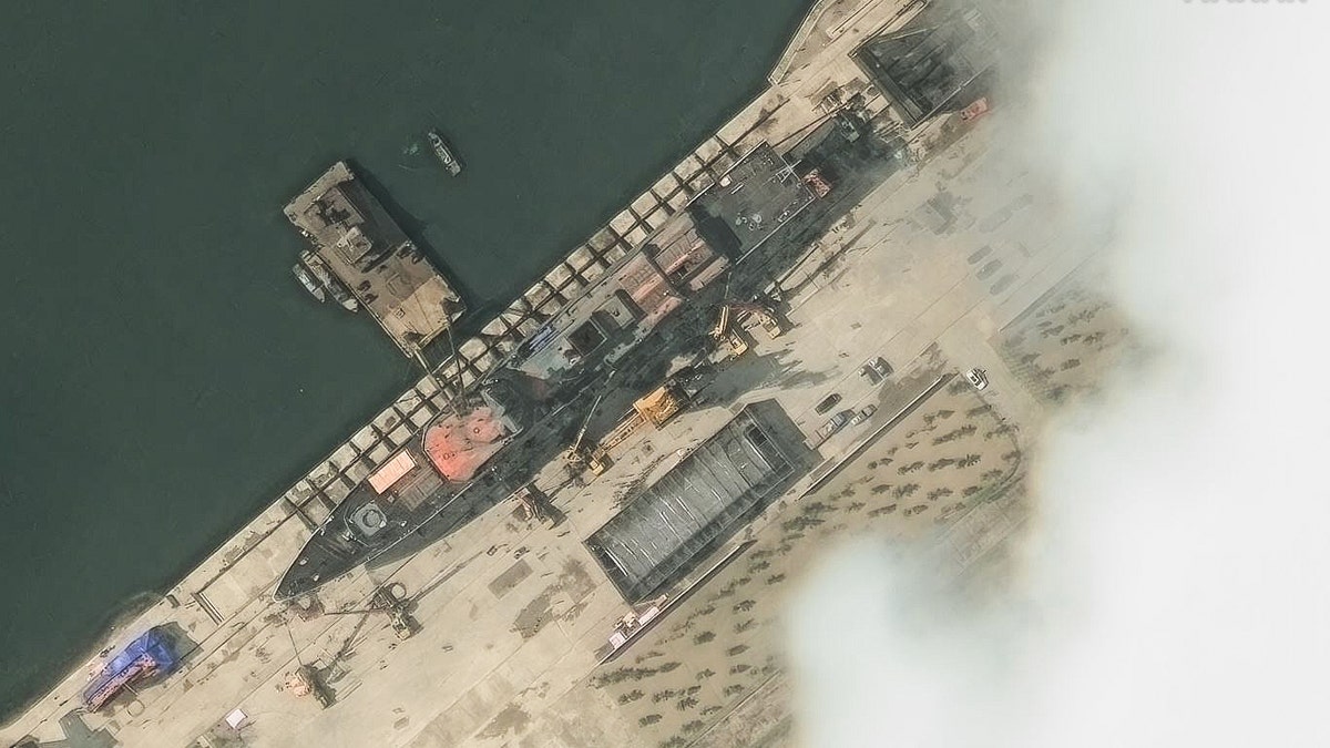 Satellite image of a North Korean naval warship preparing for launch.