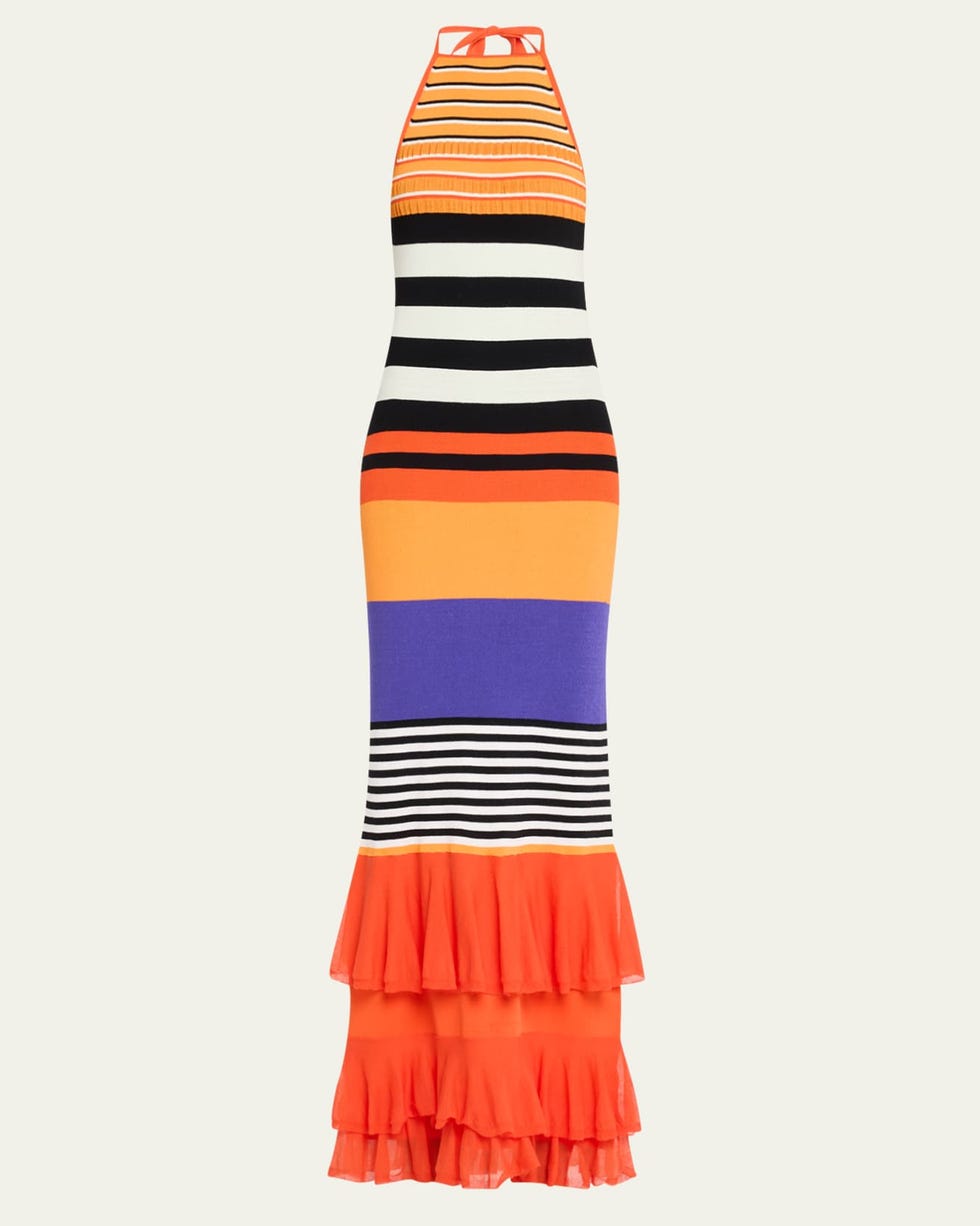 Striped Halter Neck Ruffle Dress