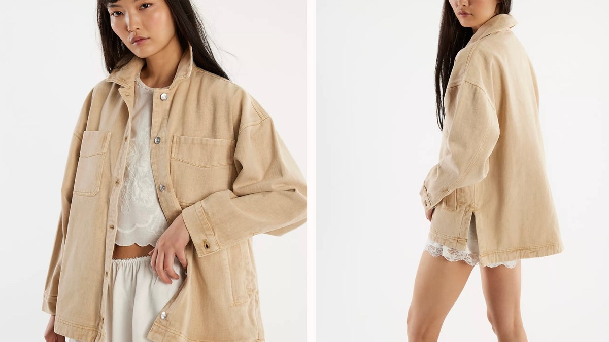 A model demonstrating the Free People Madison City jacket on a plain background
