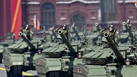 Getty Images Russian tanks in Red Square, Moscow, last month