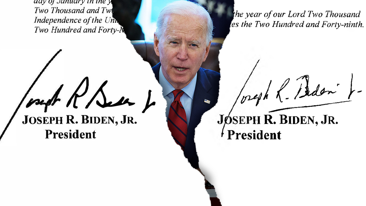 Biden center inside tear graphic of signatures