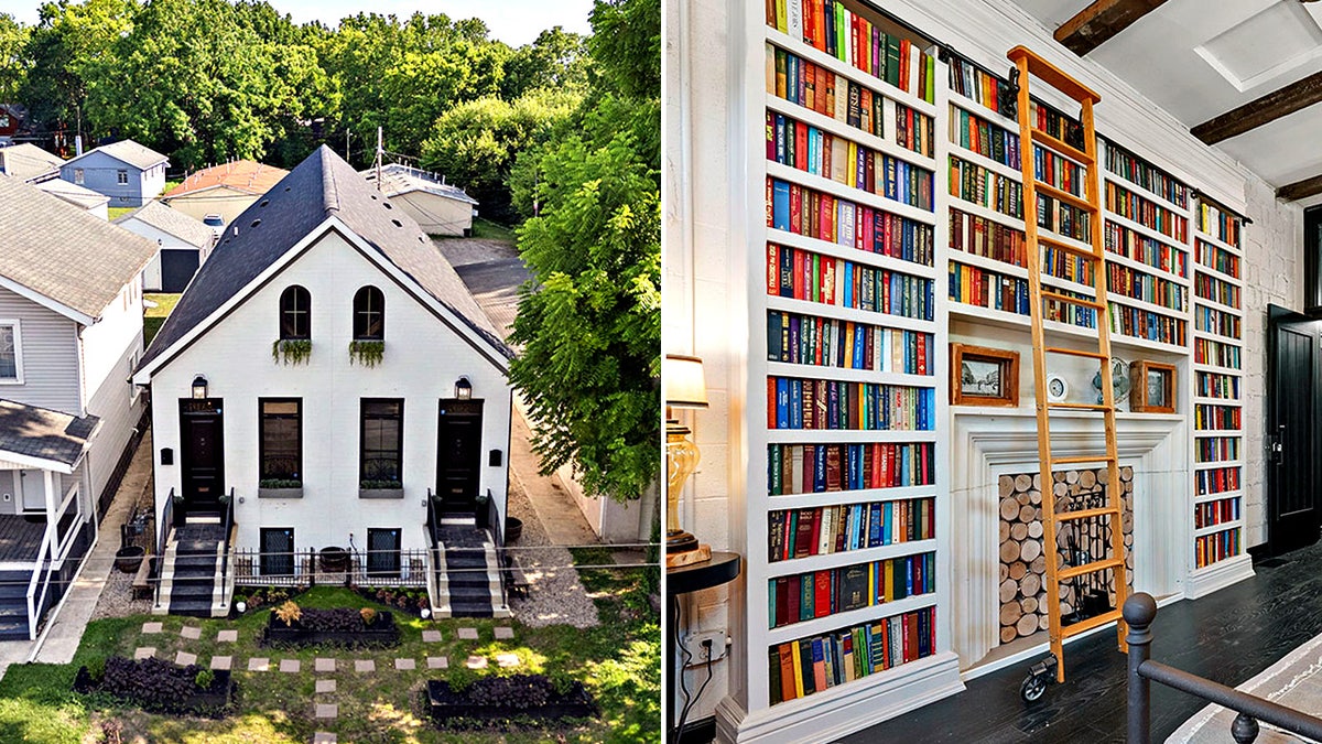 split image for story about book lover's house on sale in Columbus, OH: left side shows exterior of home while right shows interior