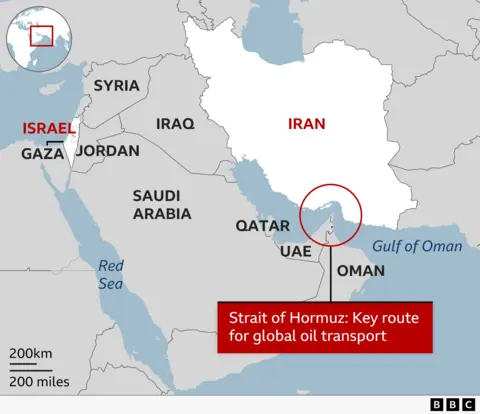 Map showing the Strait of Hormuz, the narrow passage of sea between Iran to the north and Oman and UAE to the south.