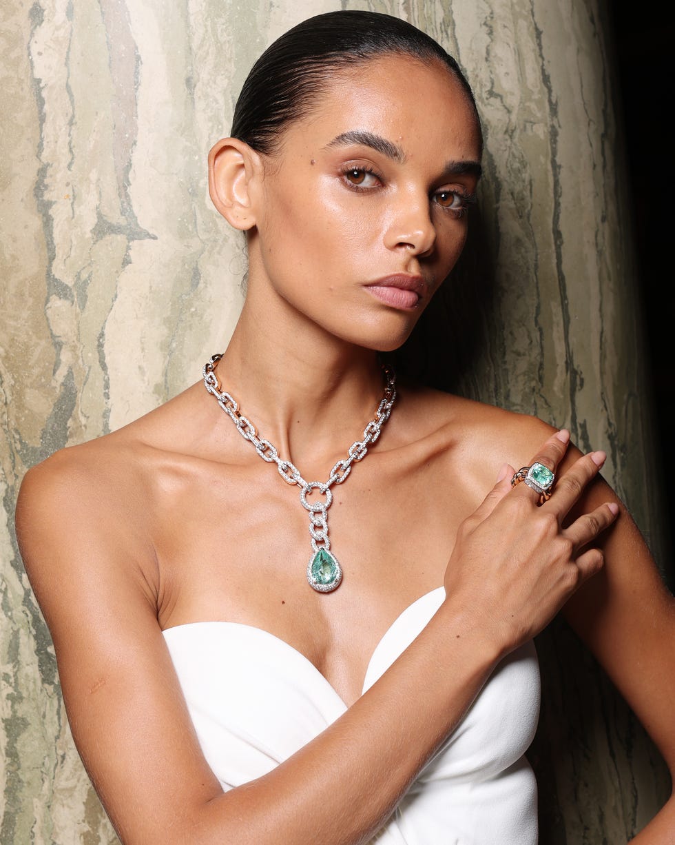 milan, italy june 20: a model, jewelry detail, poses during the pomellato 1967 collection high jewelry gala event at pinacoteca di brera on june 20, 2025 in milan, italy. (photo by daniele venturelli/getty images for pomellato)