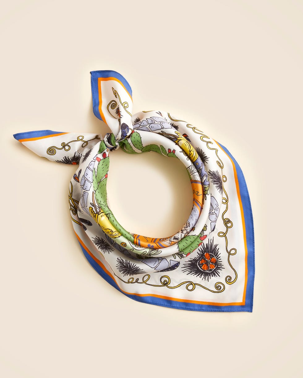 colorful patterned scarf tied in a loop
