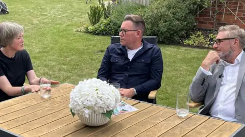 Nic Rigby/BBC Environmentalist, archaeologist and TV presenter Helen Geake (left) talked to Essex builder Oliver Hall (middle) and chair of Eastern Powerhouse James Palmer (right) taking part in a BBC Politics East special programme on development, infrastructure and housing