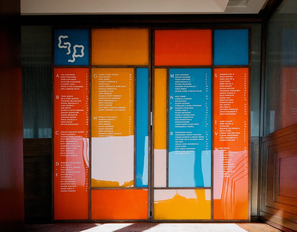 a color blocked wall with place seatings for a wedding listed
