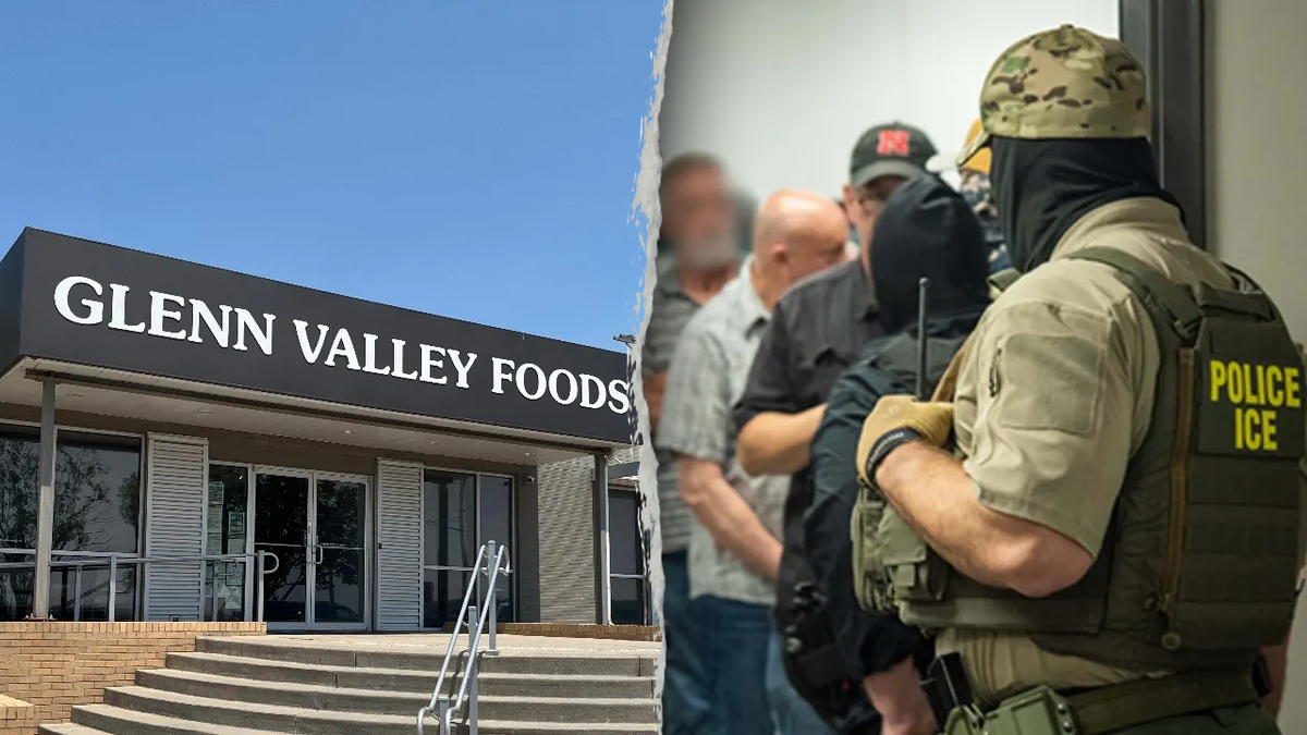 Left: Glenn Valley Foods, a meat packaging company that was raided by U.S. Immigration and Customs Enforcement on Tuesday, June 10, 2025, in Omaha, Neb. And Right: ICE agents make arrests at Glenn Valley Foods in Omaha, Nebraska