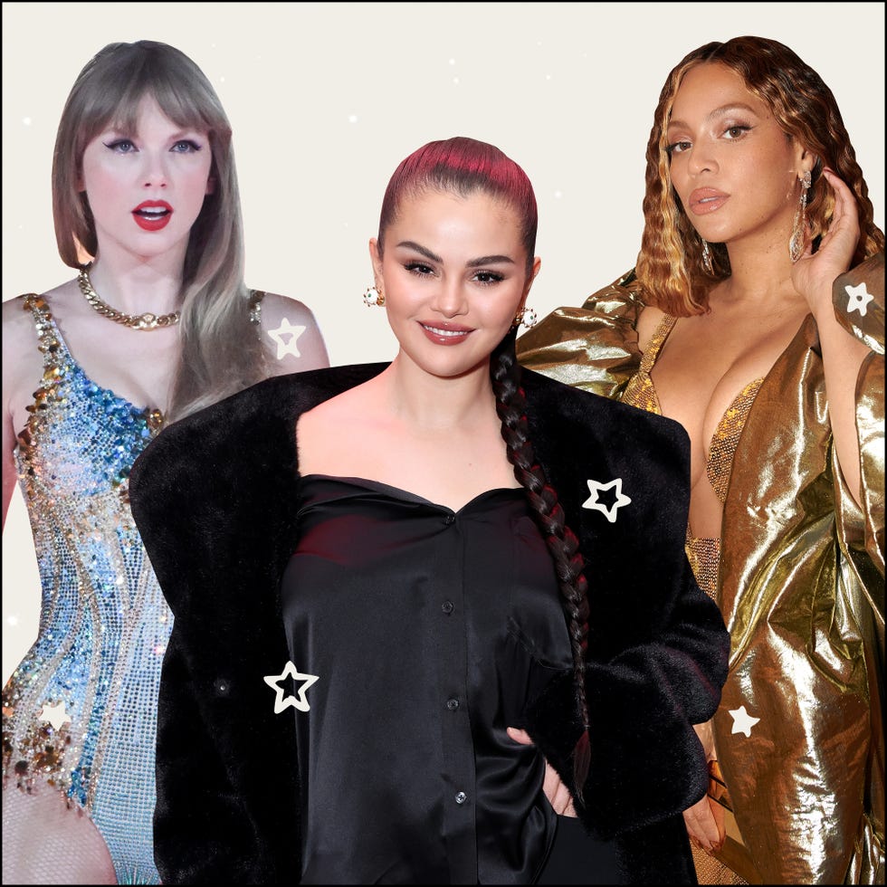 a collage of taylor swift, selena gomez, and beyonce