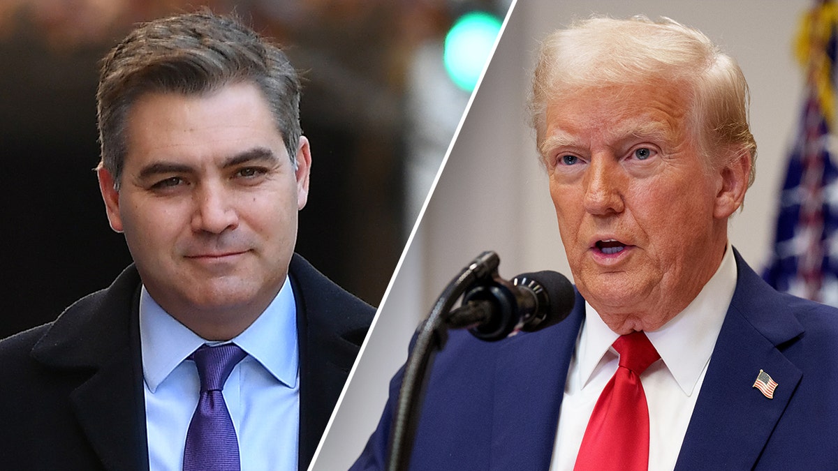 A split photo showing Jim Acosta and Trump