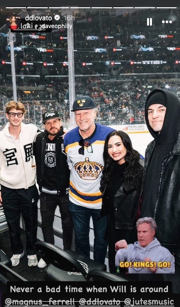 group of friends posing at a hockey game with a prominent team jersey on one member