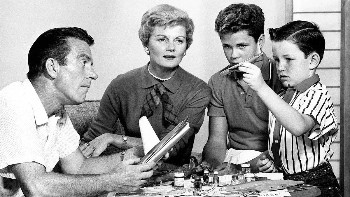 The cast of Leave It to Beaver filming a scene.