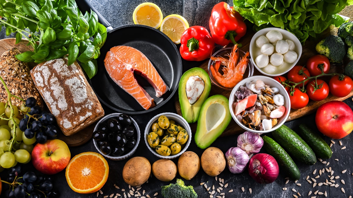 Food products representing the Mediterranean diet