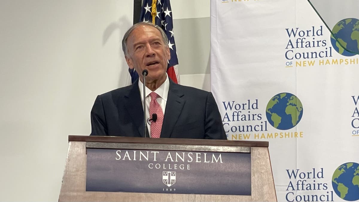 Former Secretary of State Mike Pompeo addresses the World Affairs Council of New Hampshire, on June 26, 2025, in Manchester, N.H.