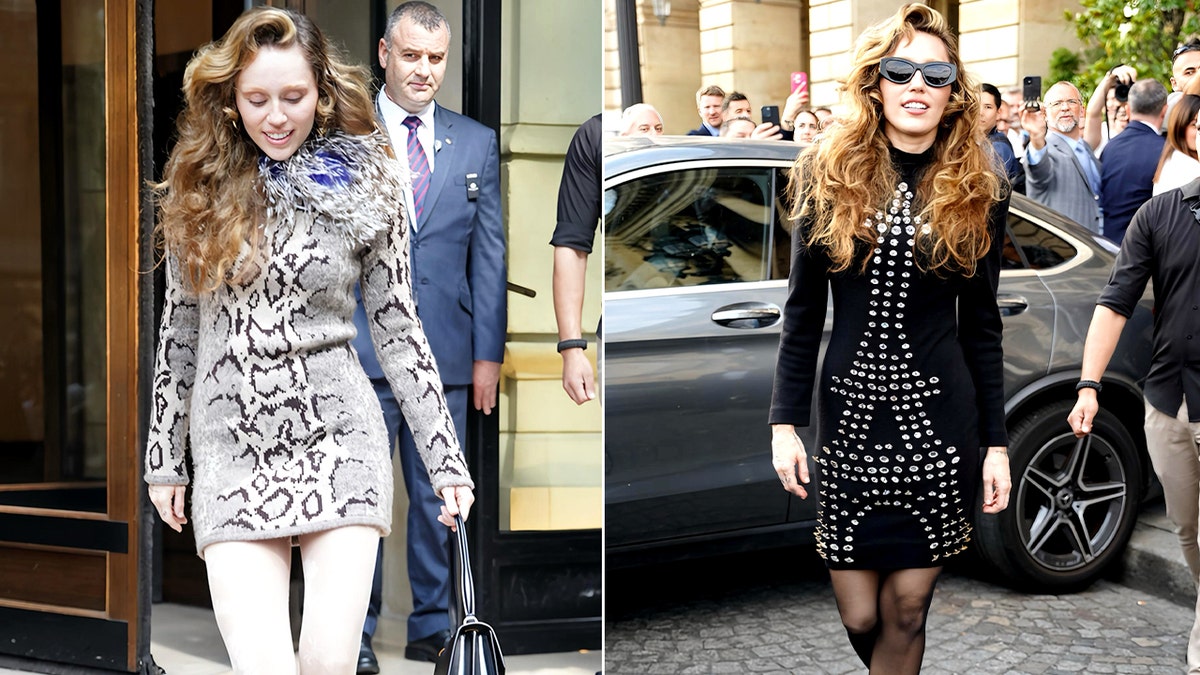 A split of Miley Cyrus in a leopard print dress and in a black dress.
