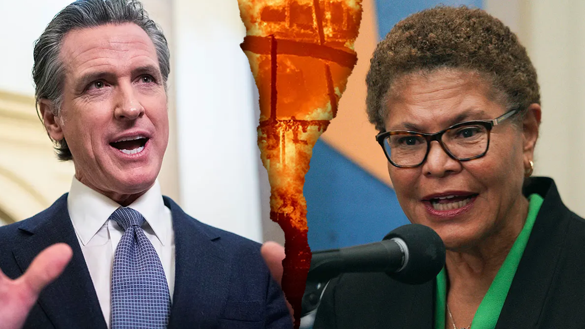California Governor Gavin Newsom, left, and LA Mayor Karen Bass, right, with images of LA wildfire in the center