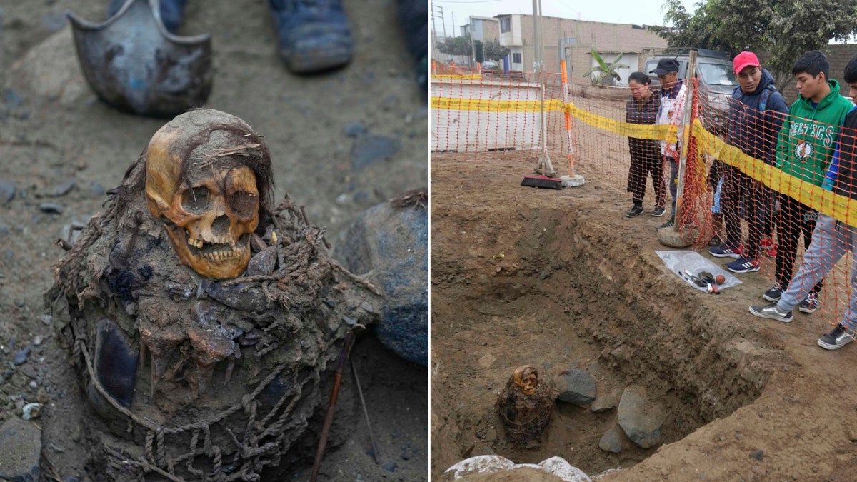 Split image of female mummy, people observing it