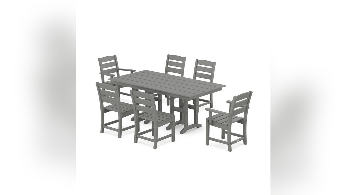 This dining set is generously sized and resistant to cracking, splitting and rot. 