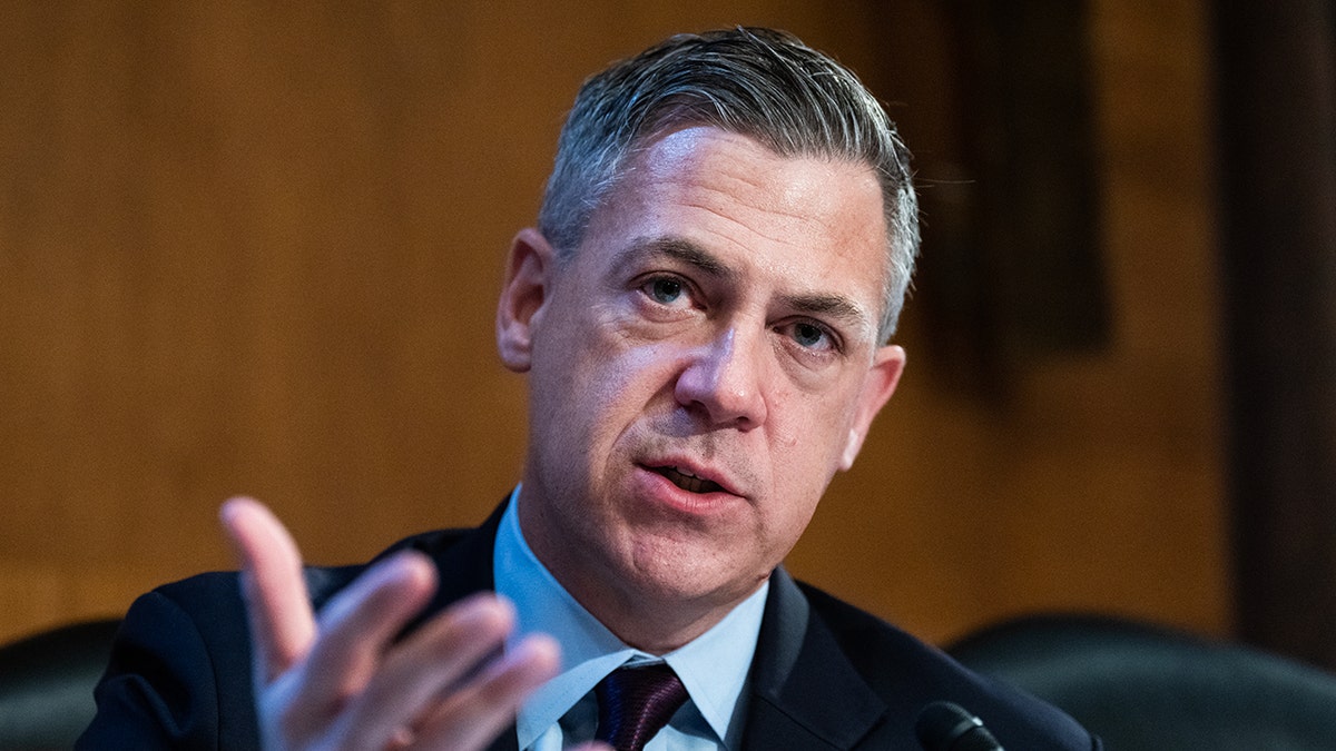 Sen. Jim Banks gesturing during a Senate hearing