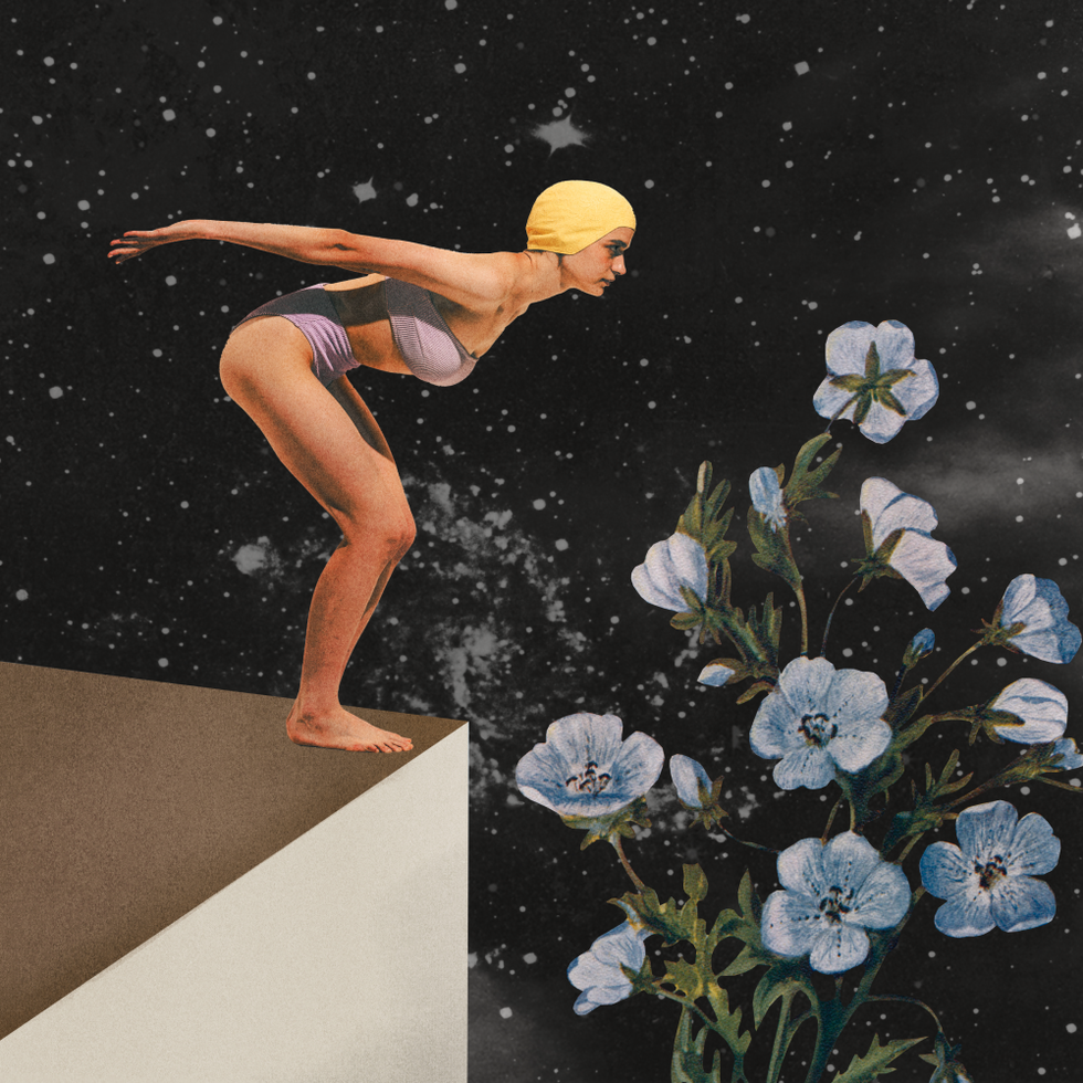 a figure poised to dive from a ledge surrounded by flowers and a cosmic background