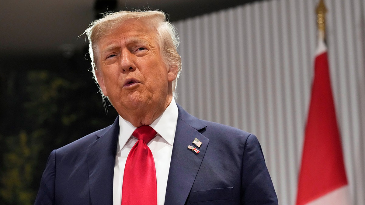 President Donald Trump speaks during a meeting with Canada's Prime Minister Mark Carney on the sidelines of the G7 Summit, Monday, Jun. 16, 2025, in Kananaskis, Canada.