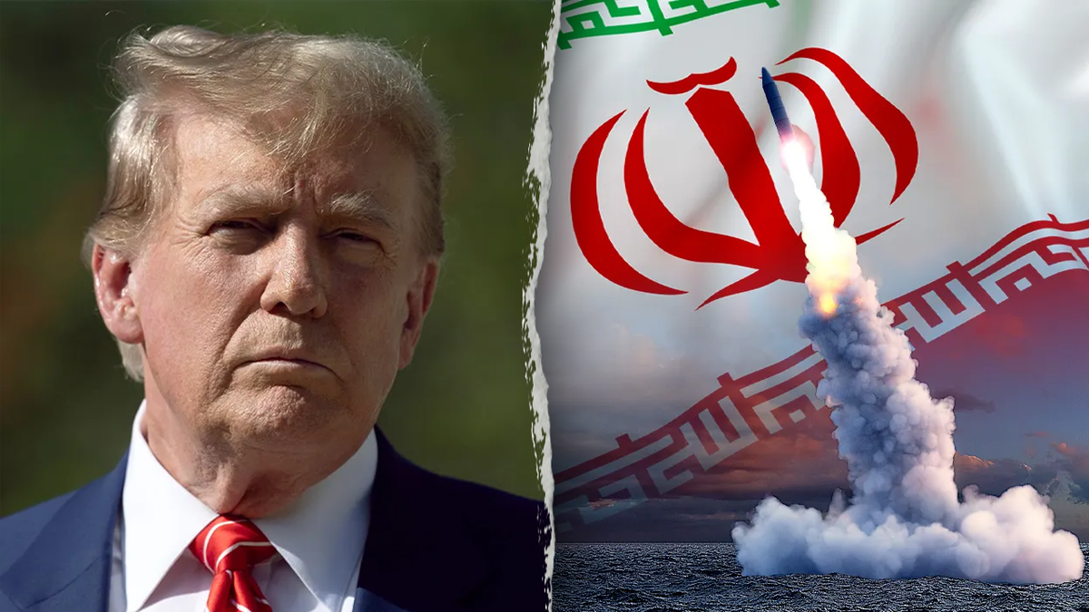 President Trump, left; rocket launch, Iran flag, right