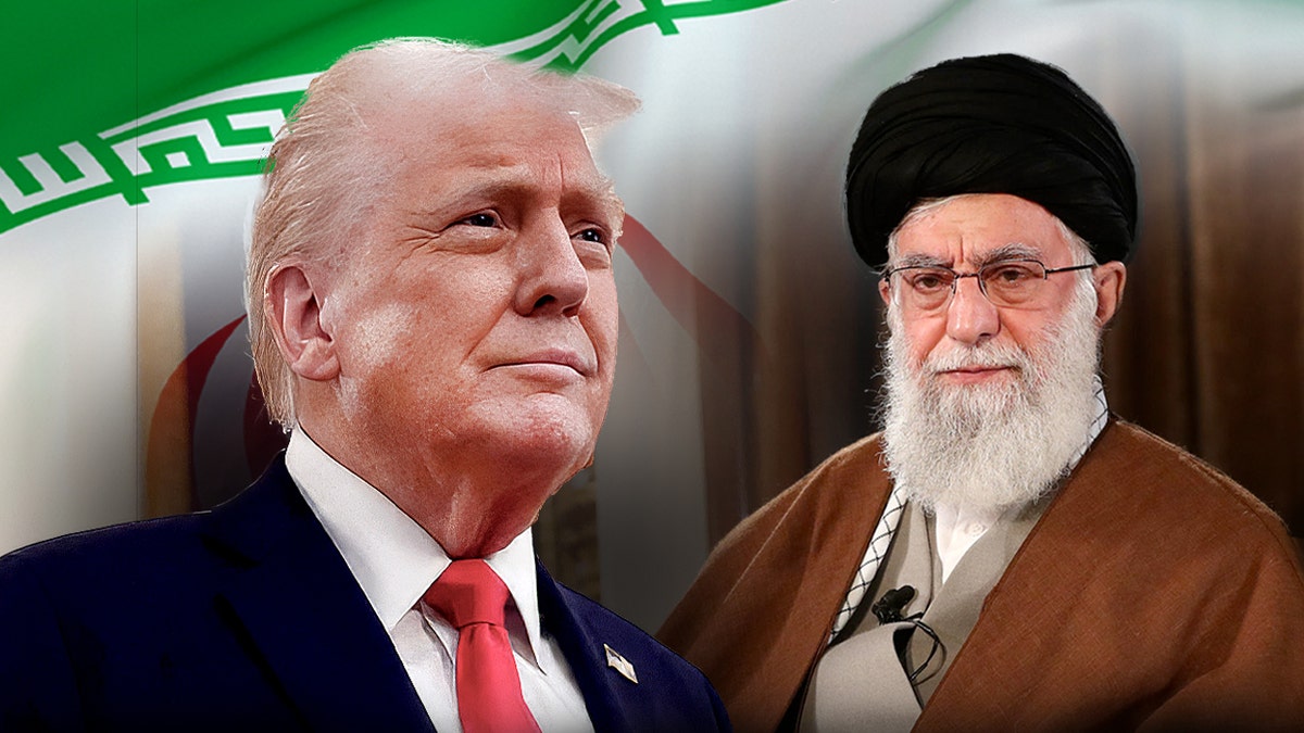 President Donald Trump and Supreme Leader Ayatollah Khamenei with an Iranian flag in background