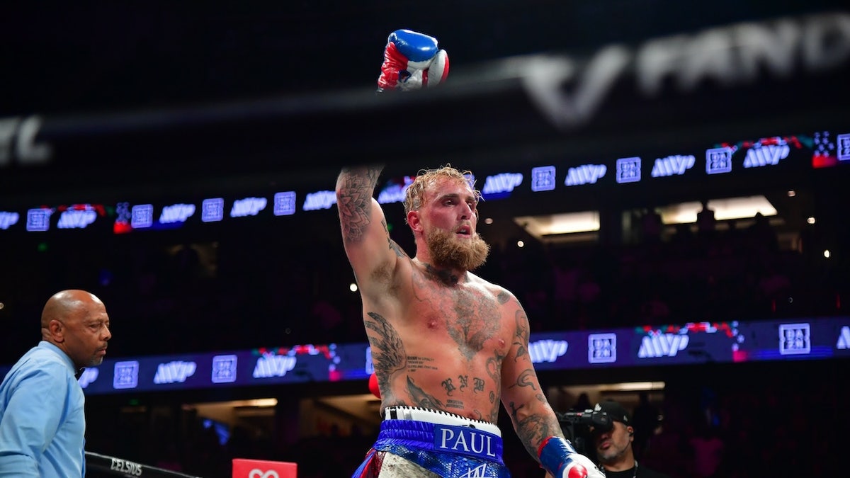 Jun 28, 2025; Anaheim, California, USA; Jake Paul reacts following his match against Julio Cesar Chavez Jr. at Honda Center. Mandatory Credit: Gary A. Vasquez-Imagn Images