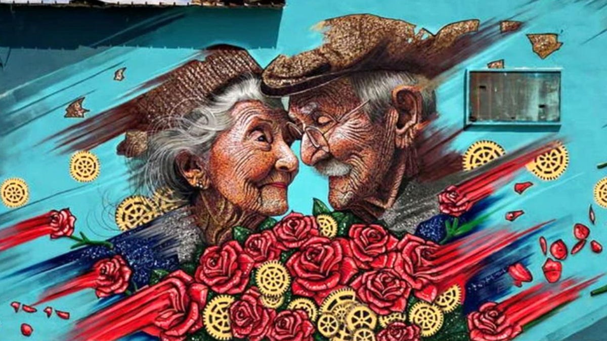 Mural of an elderly couple painted on the side of a building in Stornara, Italy