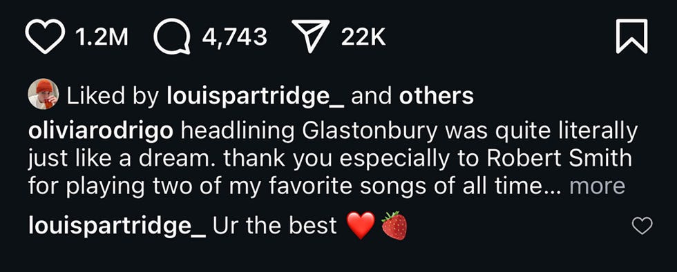 louis partridge’s comment on olivia rodrigo’s post