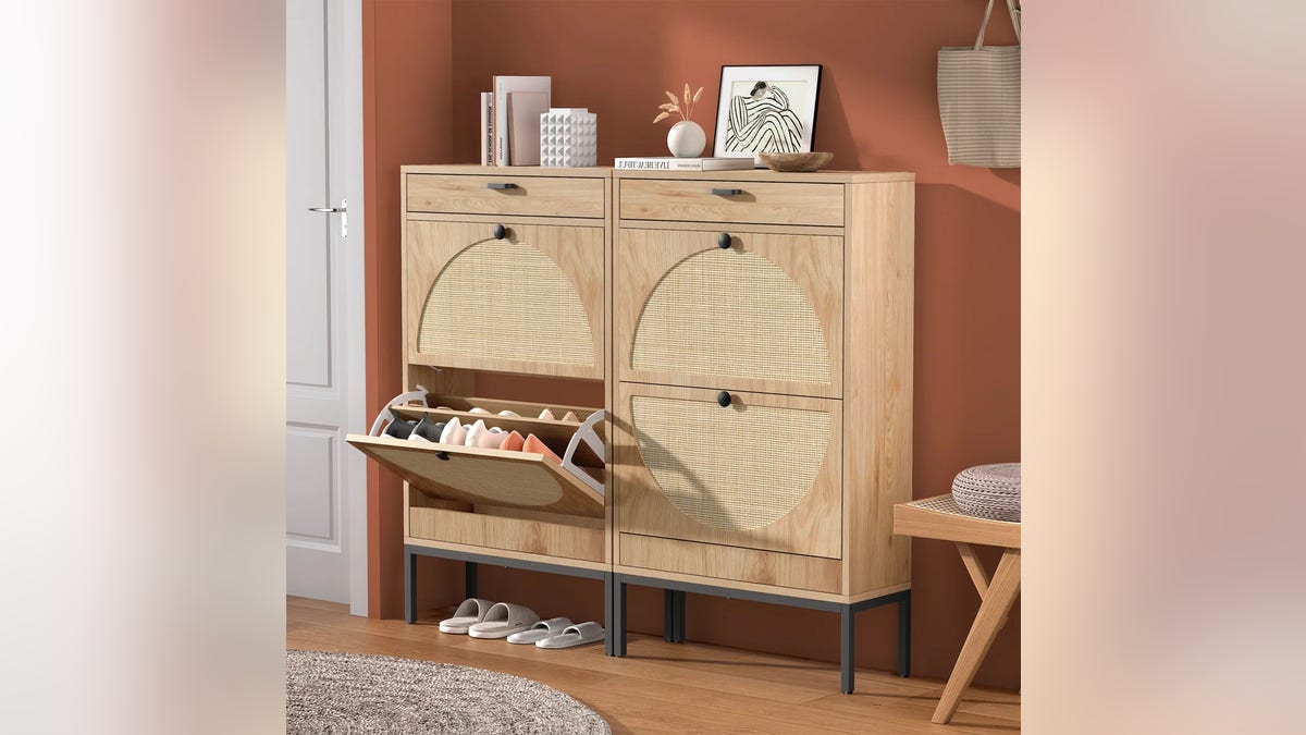 Try adding chic shoe storage to your living area.