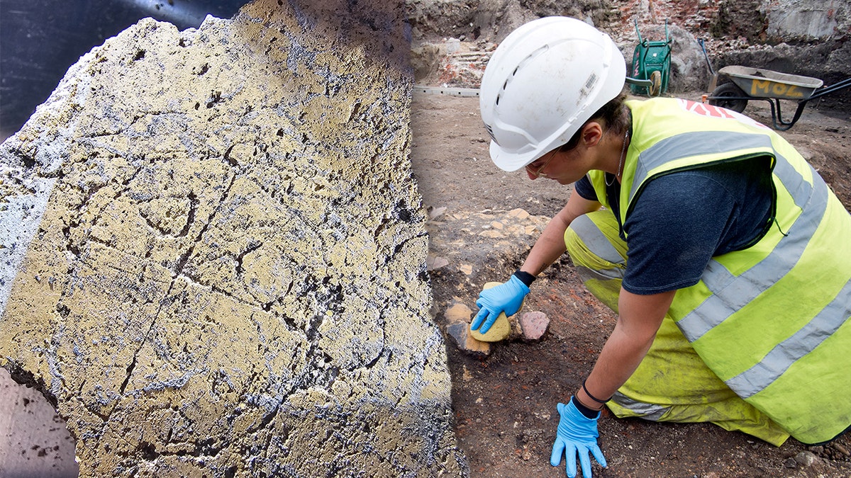Split image of ancient Roman woman carving, archaeologist at scene