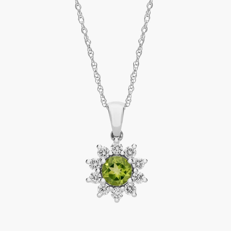Round Peridot and Diamond Halo Pendant Necklace in 14k White Gold