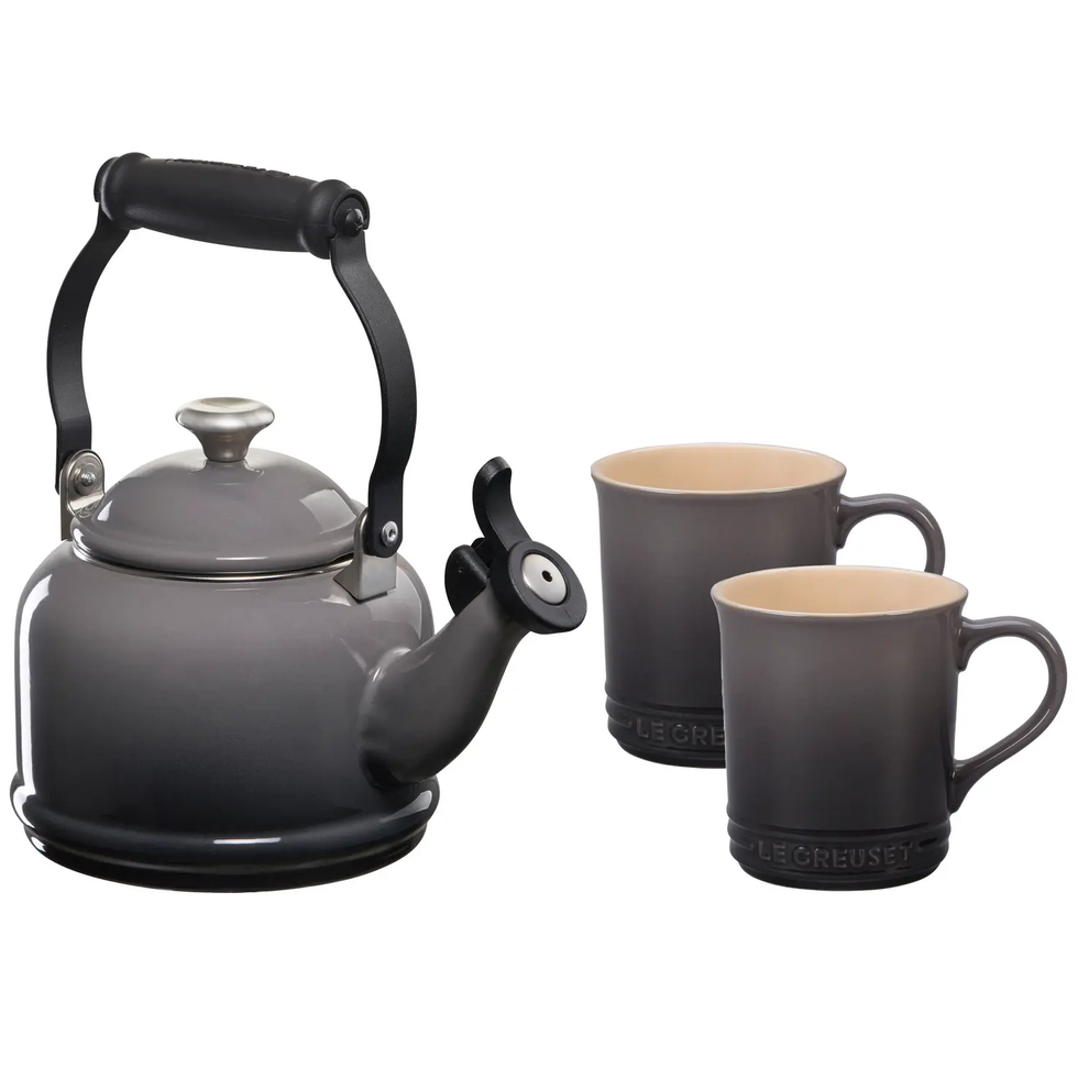 Enamel On Steel Demi Kettle & Stoneware Set of 2 Mugs