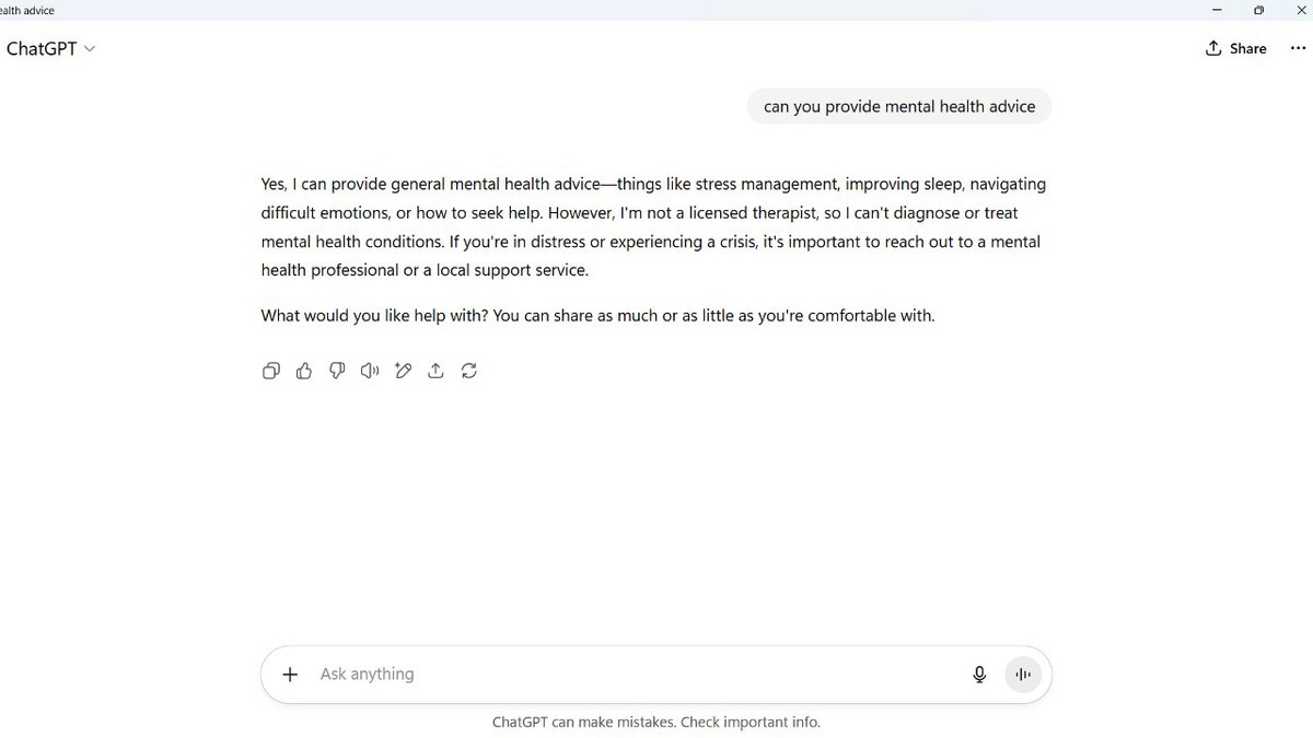 ChatGPT answers the prompt, "Can you provide mental health advice?"