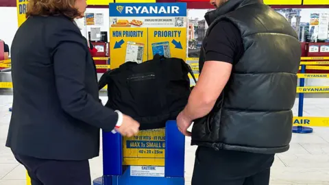 Getty Images Ryanair bag sizer at Rome Ciampino Airport, April 2025