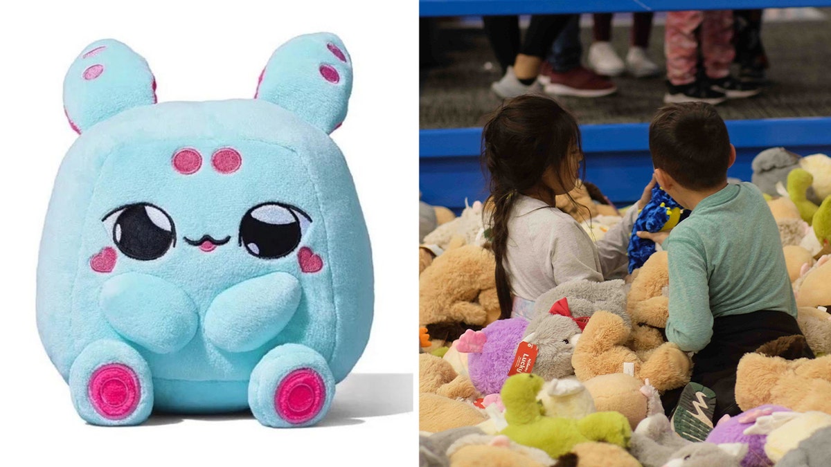 split photo of blue AI stuffed animal and kids playing with stuffed animals