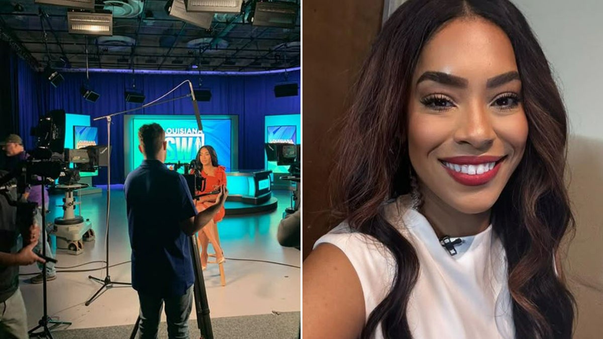 Split of Celeste Wilson taking a selfie and anchoring