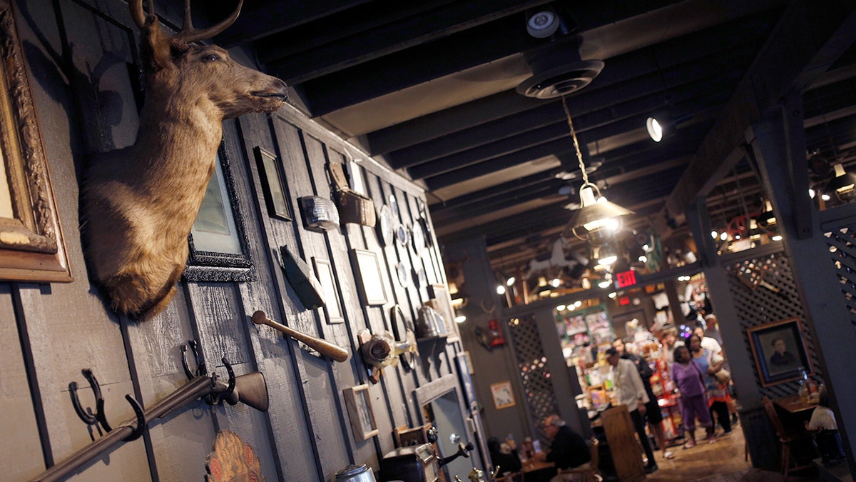 A deer head hangs inside a Cracker Barrel Old Country Store restaurant.