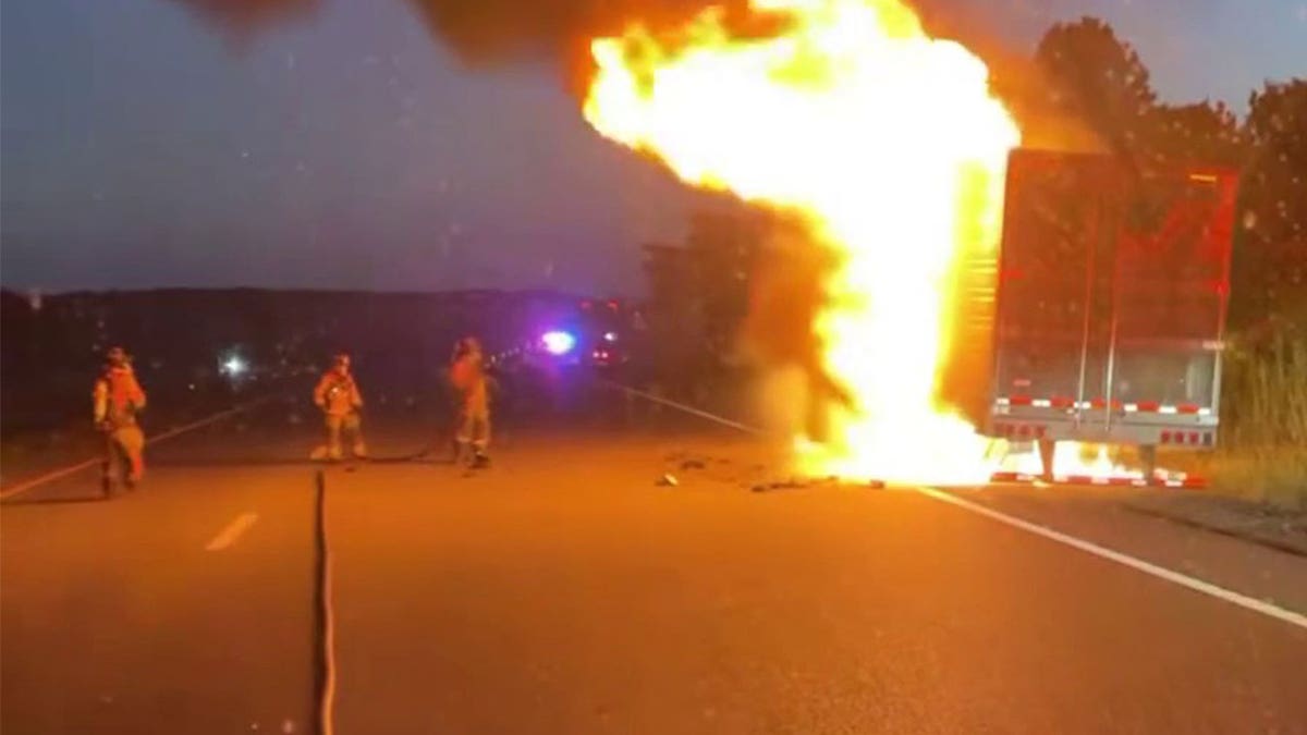 Missouri firefighters battling fire on tractor-trailer carrying ribeye steaks