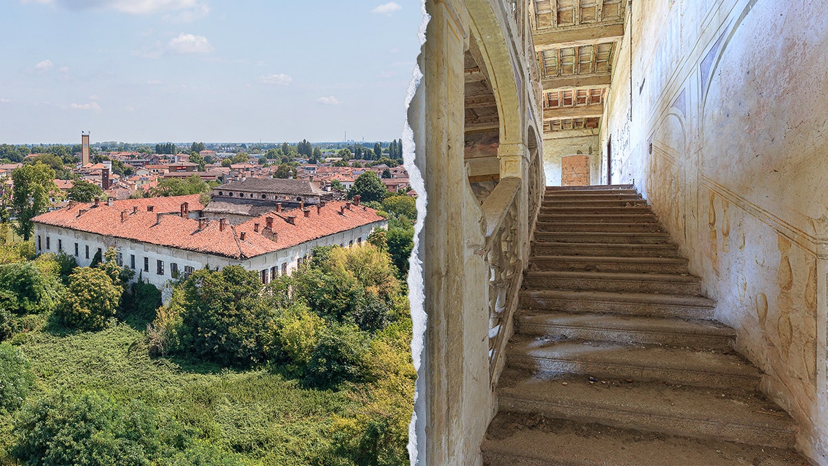 Split image of historic castle, interior stairs