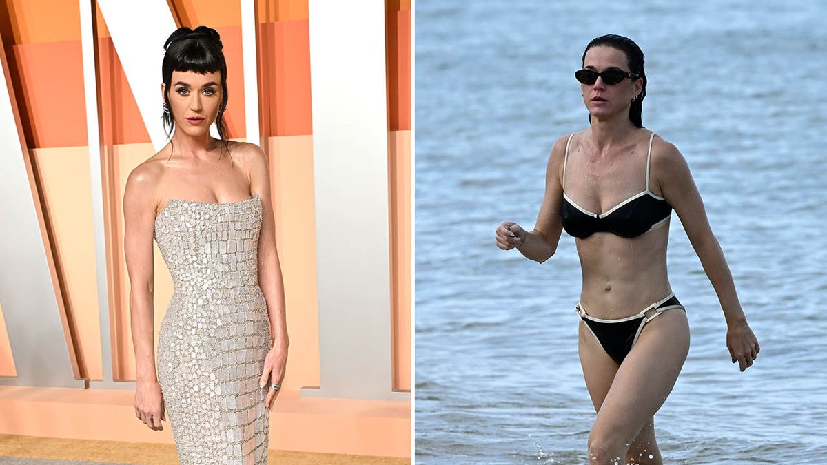 A split of Katy Perry at a gala and on the beach.
