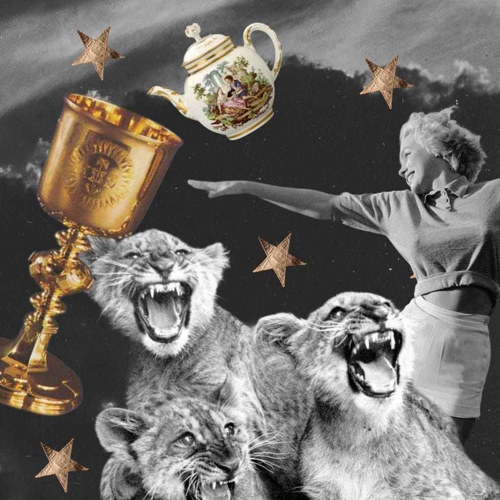 collage featuring a teapot gold goblet roaring lions and a person in motion