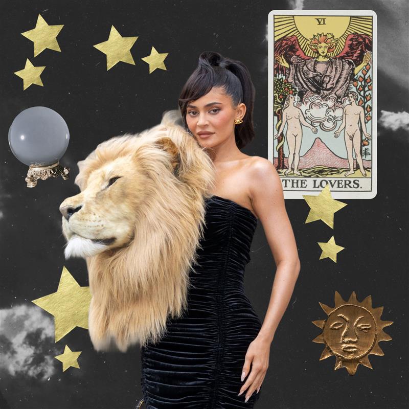 kylie jenner with a lion head framed by celestial and tarot elements