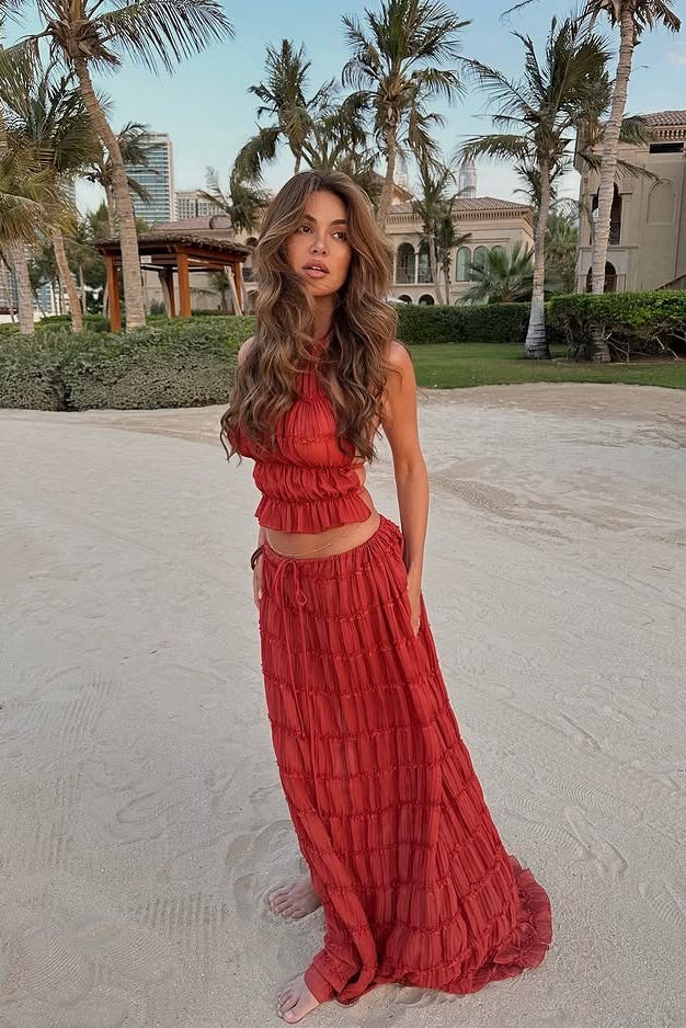 negin mirsalehi, honeymoon outfit, crop top and maxi skirt