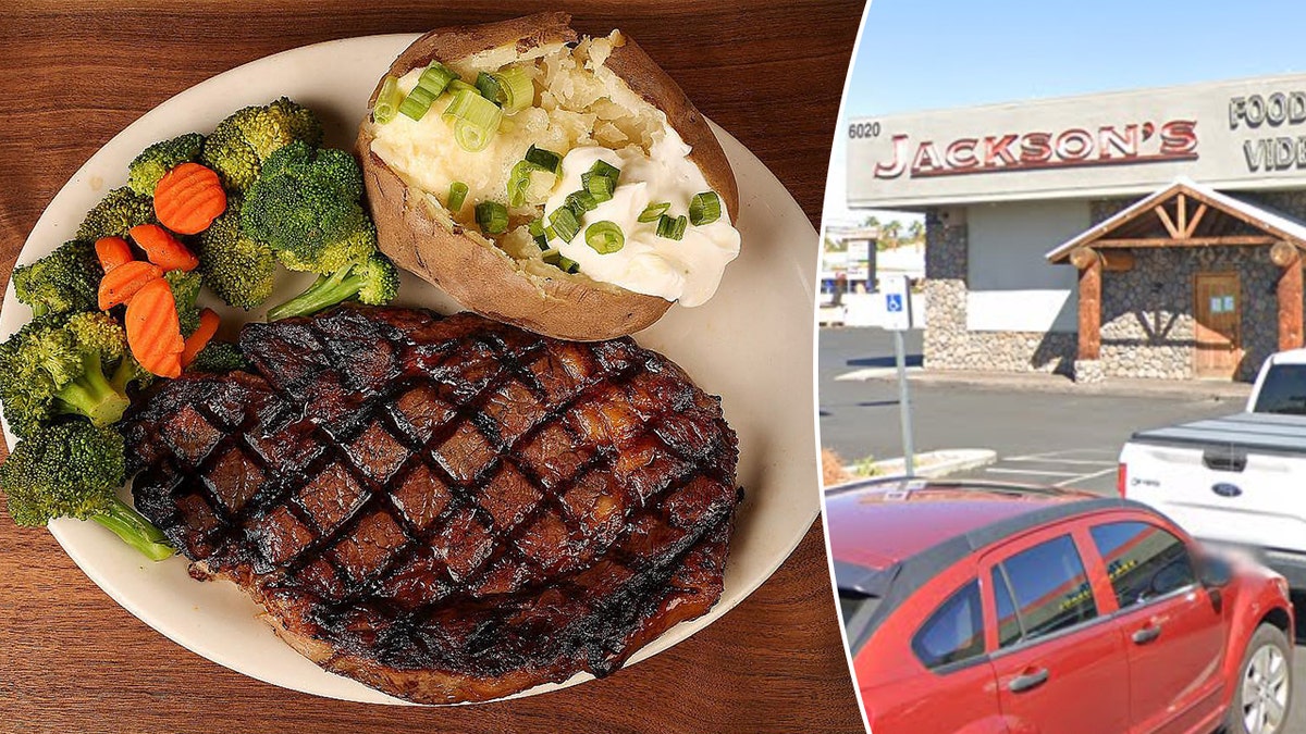 Split image of steak dinner with restaurant exterior